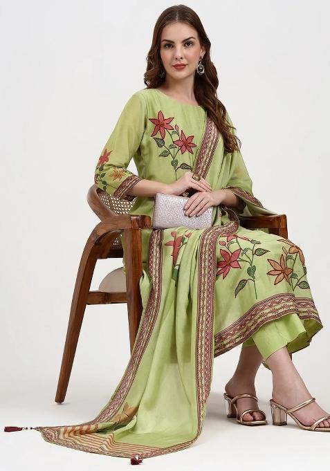 Green Motif Chanderi Silk Kurta Dupatta Set