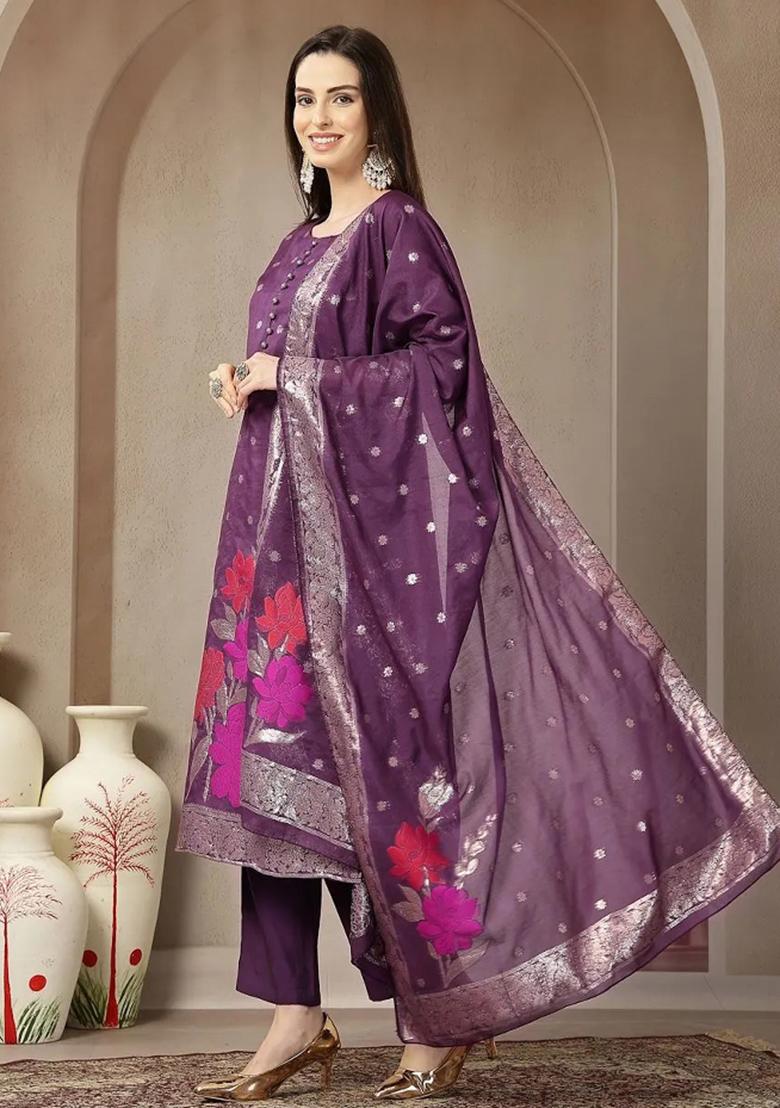 Purple Floral Print Chanderi Silk Kurta Dupatta Set - Indya