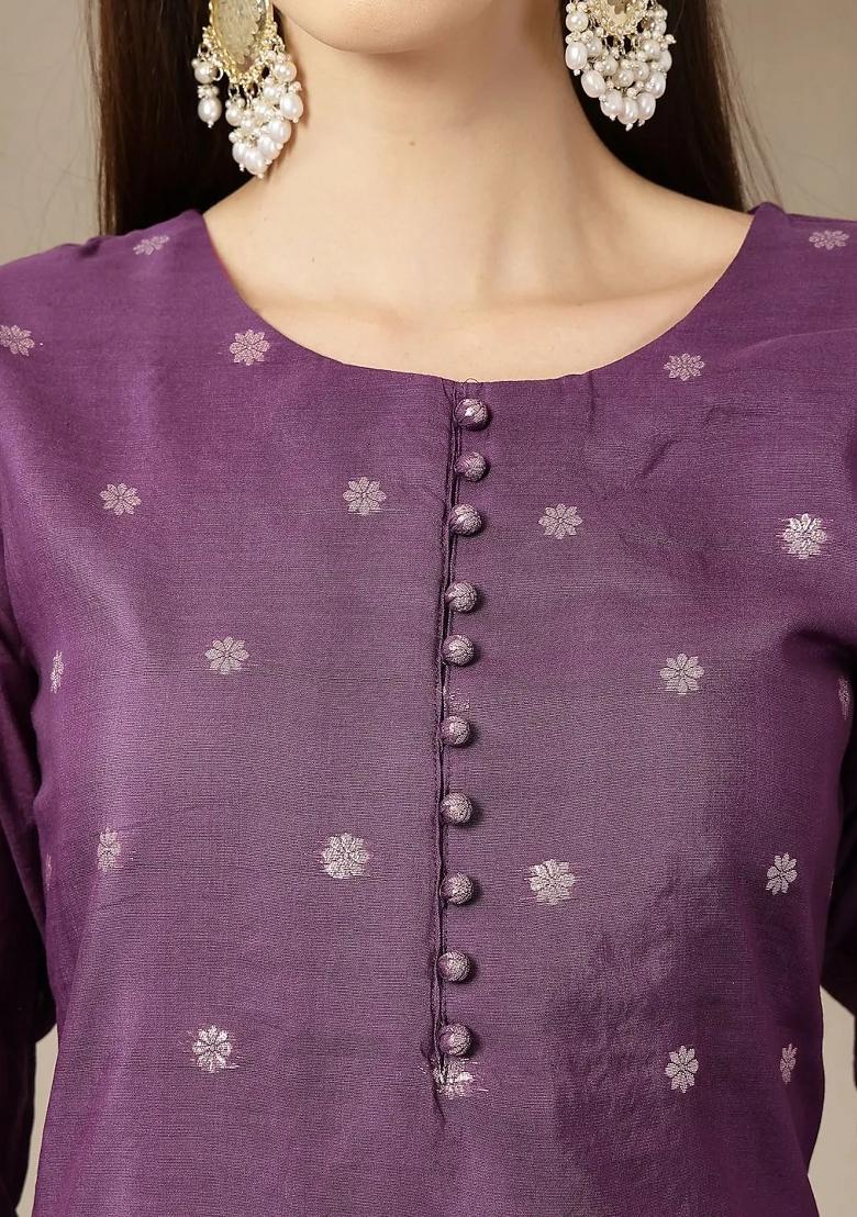 Purple Floral Print Chanderi Silk Kurta Dupatta Set - Indya