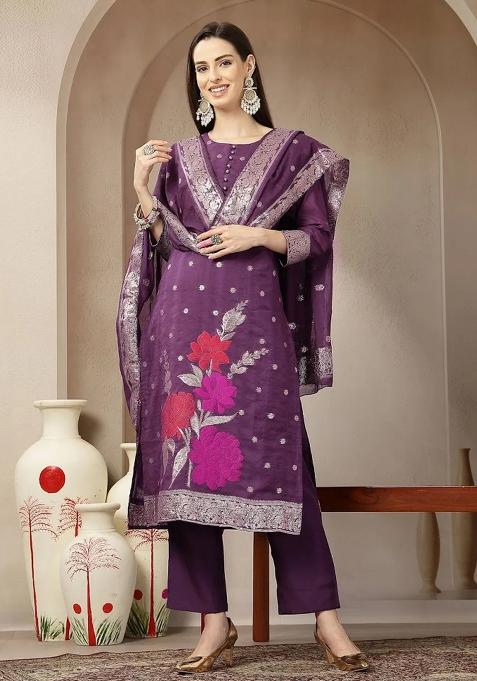 Purple Floral Print Chanderi Silk Kurta Dupatta Set