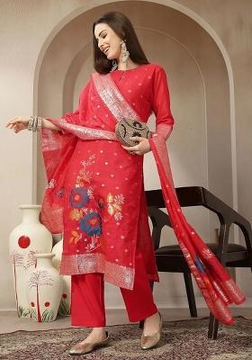Red Printed Chanderi Silk Kurta Dupatta Set