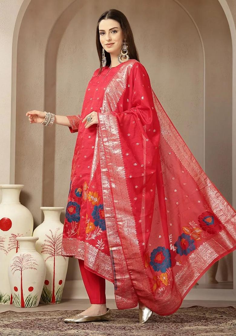 Red Printed Chanderi Silk Kurta Dupatta Set - Indya