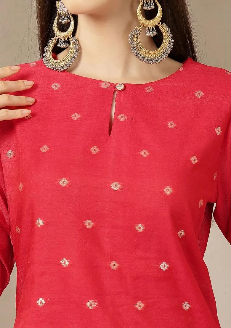 Red Printed Chanderi Silk Kurta Dupatta Set - Indya