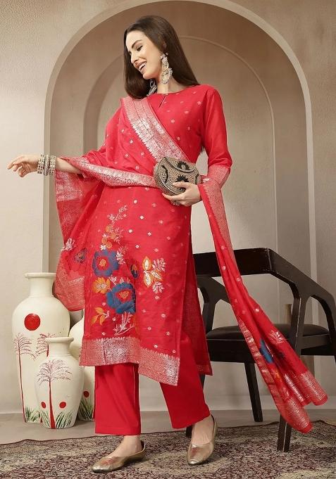 Red Printed Chanderi Silk Kurta Dupatta Set