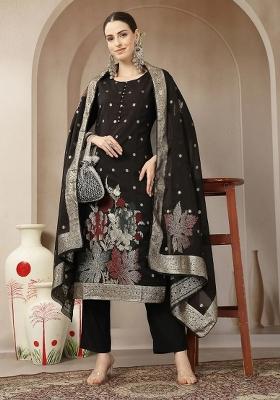 Black Floral Print Chanderi Silk Kurta Dupatta Set