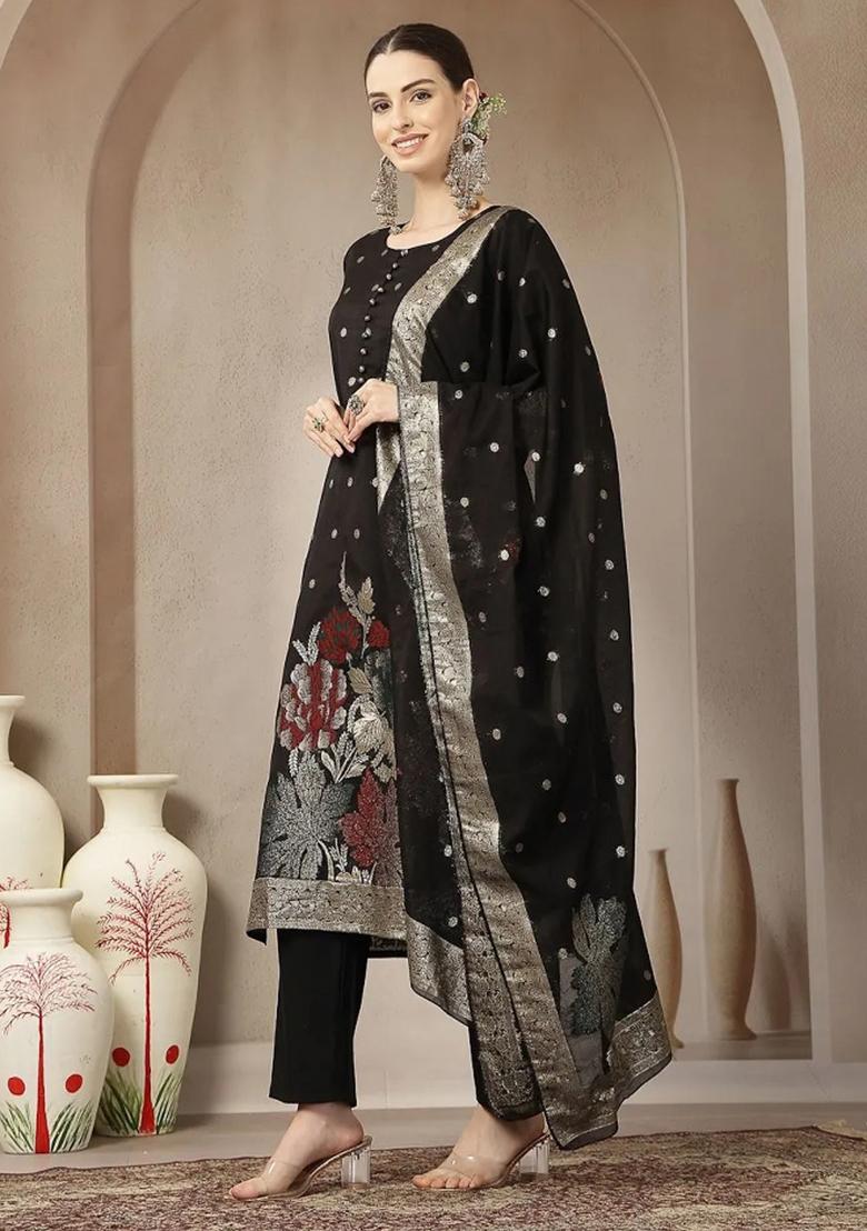 Black Floral Print Chanderi Silk Kurta Dupatta Set - Indya