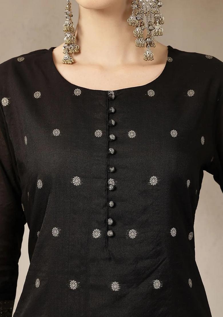 Black Floral Print Chanderi Silk Kurta Dupatta Set - Indya