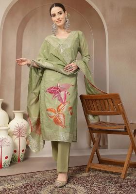 Green Floral Print Chanderi Silk Kurta Dupatta Set
