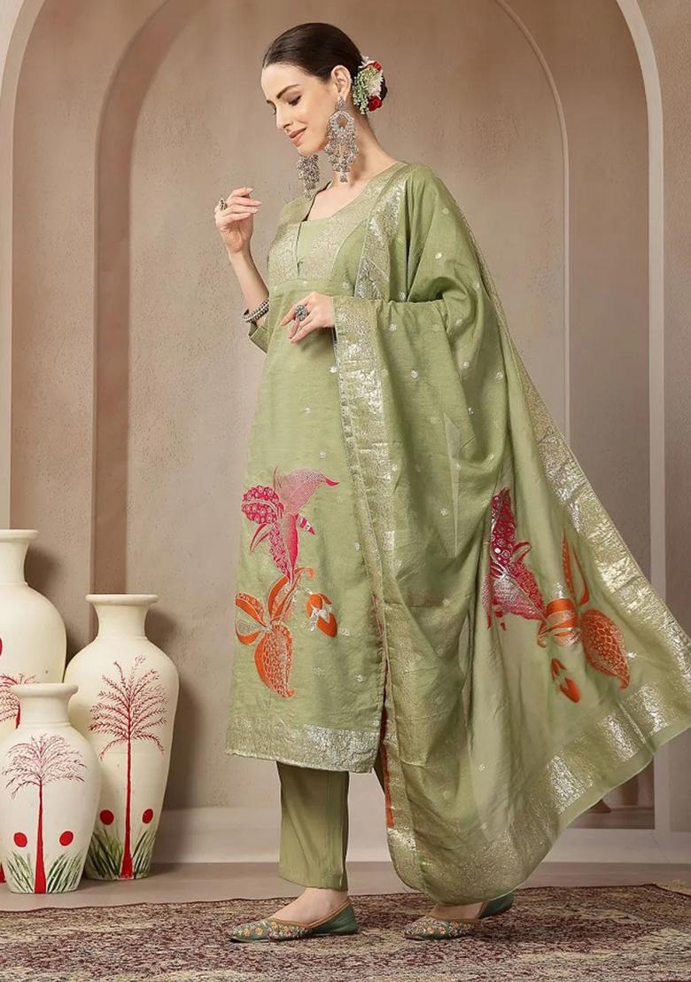 Green Floral Print Chanderi Silk Kurta Dupatta Set - Indya