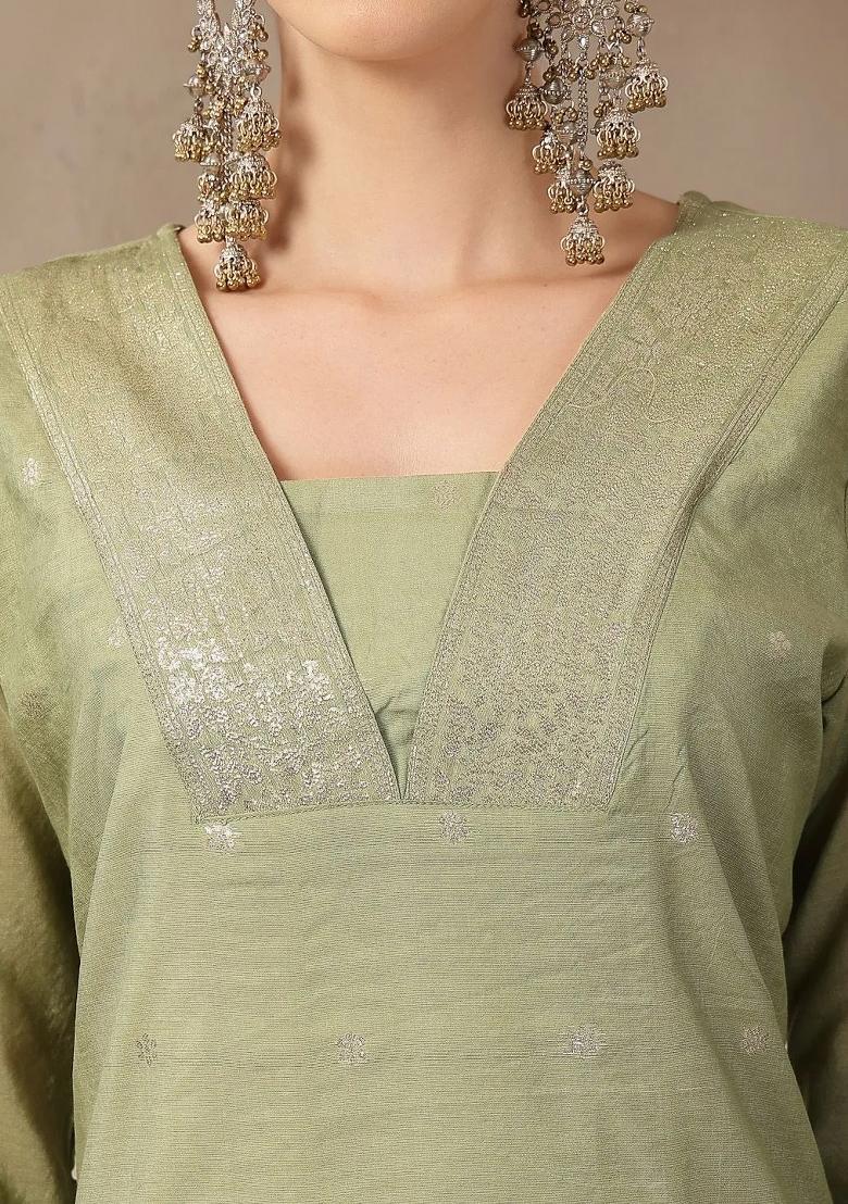 Green Floral Print Chanderi Silk Kurta Dupatta Set - Indya