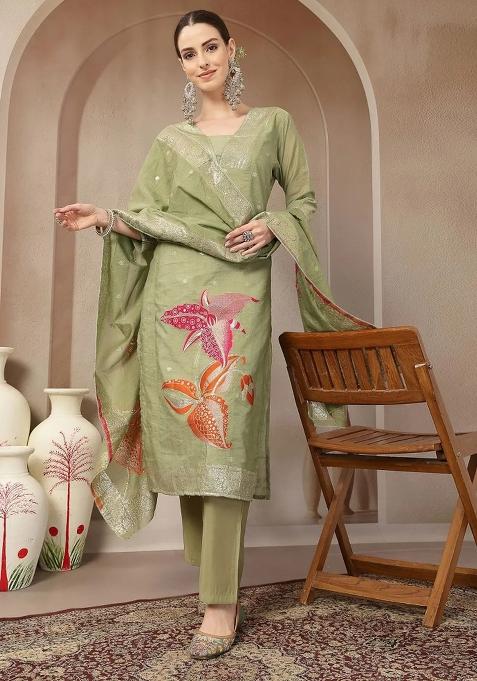 Green Floral Print Chanderi Silk Kurta Dupatta Set