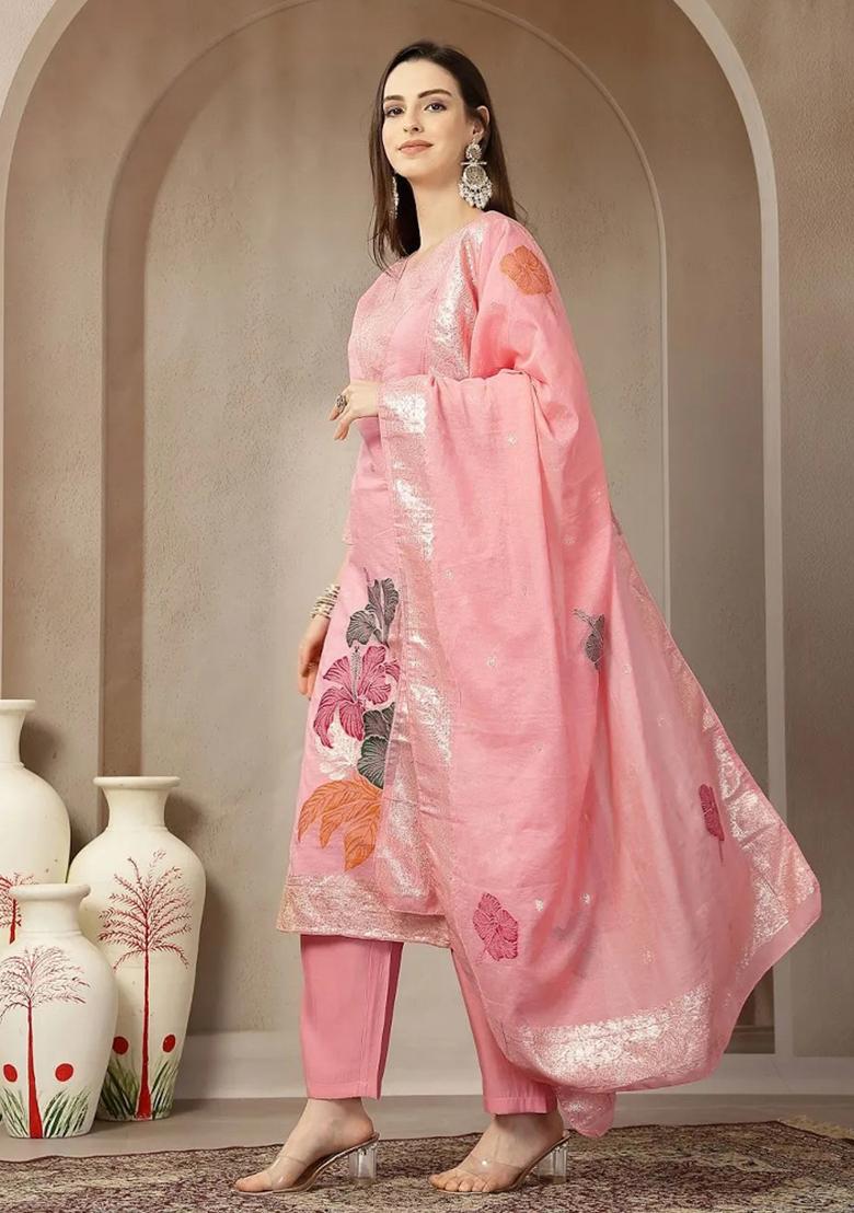 Peach Floral Print Chanderi Silk Kurta Dupatta Set - Indya