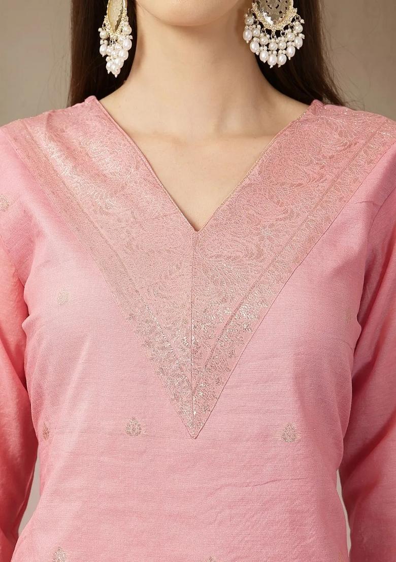 Peach Floral Print Chanderi Silk Kurta Dupatta Set - Indya