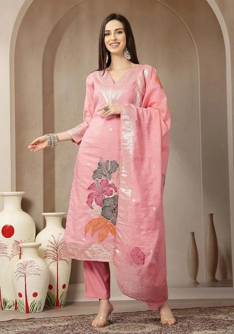Peach Floral Print Chanderi Silk Kurta Dupatta Set