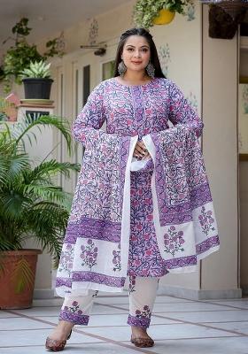 Lavender Printed Cotton Kurta Dupatta Set