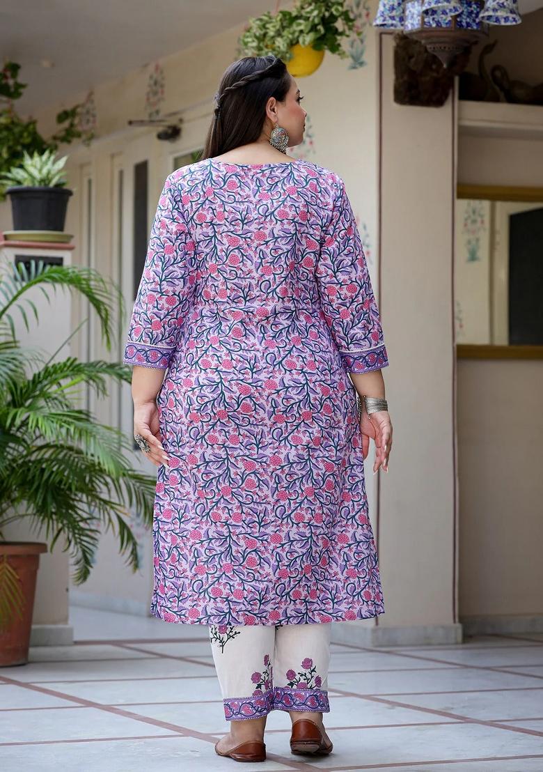 Lavender Printed Cotton Kurta Dupatta Set - Indya