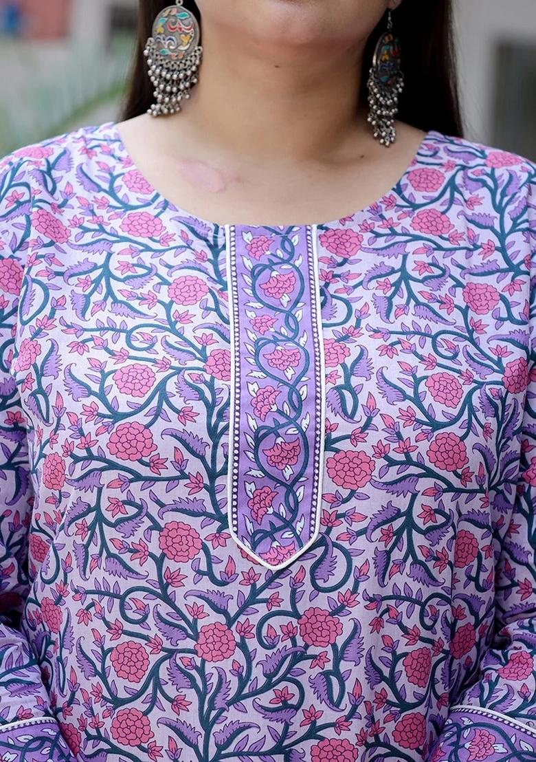 Lavender Printed Cotton Kurta Dupatta Set - Indya