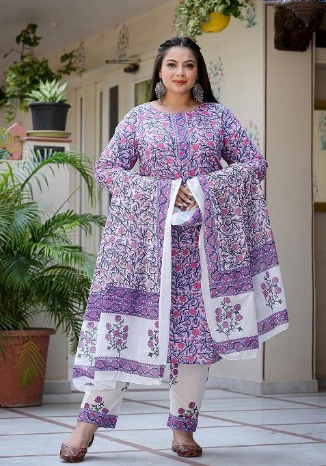 Lavender Printed Cotton Kurta Dupatta Set