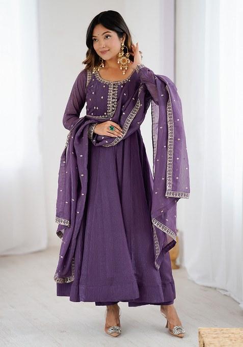 Lavender Embroidery Silk Kurta Set