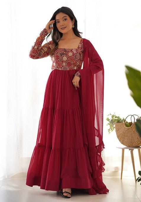 Maroon Embroidery Silk Kurta Set