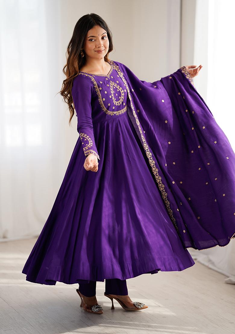 Purple Embroidery Georgette Kurta Set - Indya