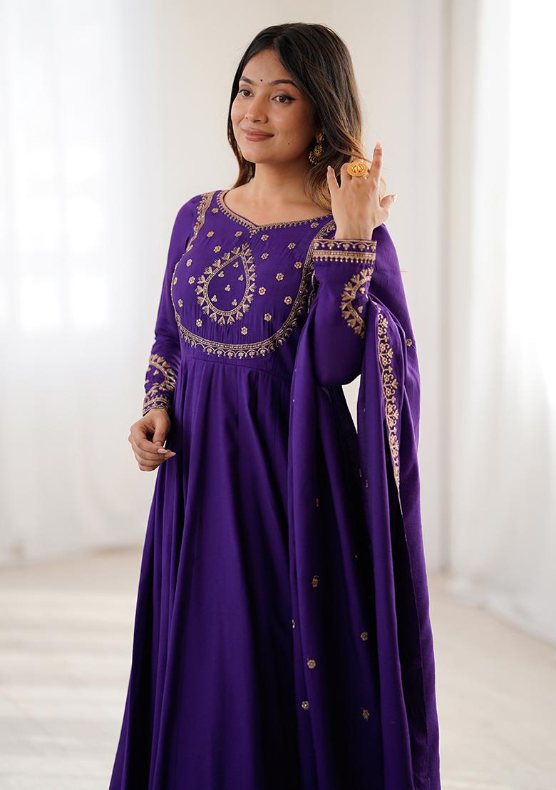 Purple Embroidery Georgette Kurta Set - Indya
