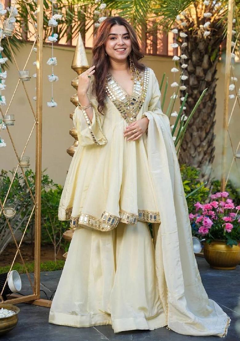 off white Mirror Work Cosmos Kurta Set - Indya