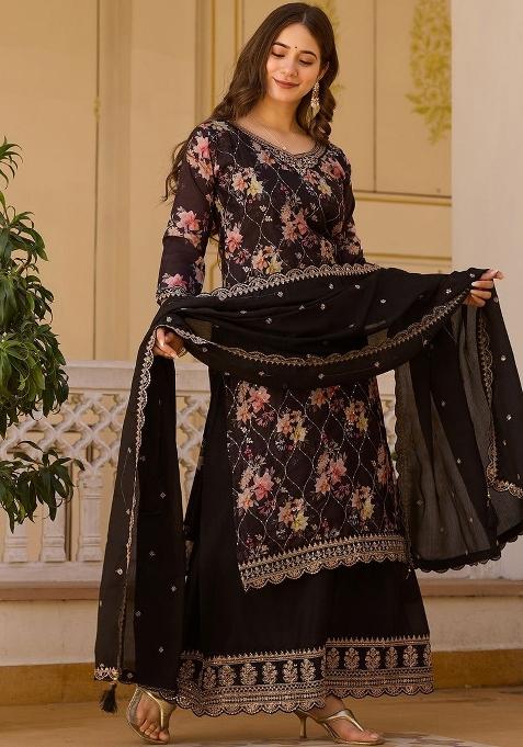 Black Embroidered Chinon Kurta Set