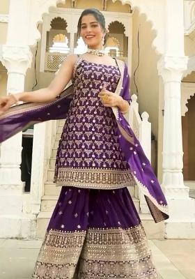 Purple Embroidered Fox Georgette Kurta Set