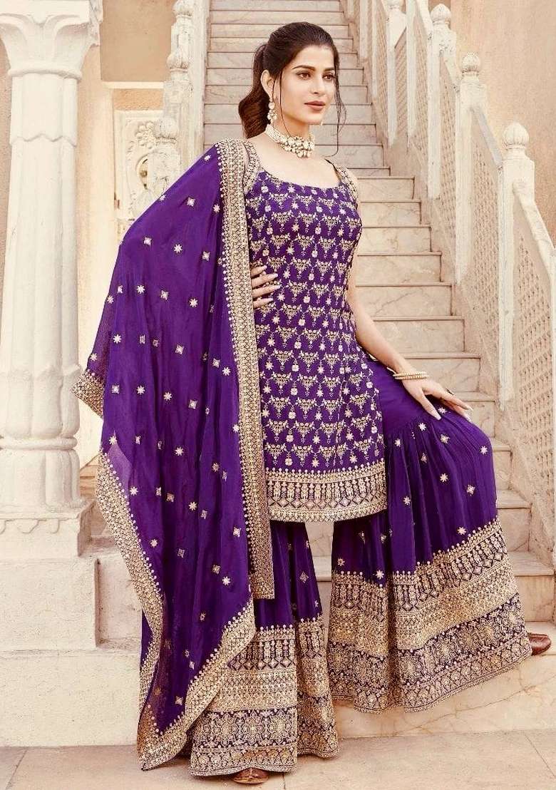 Purple Embroidered Fox Georgette Kurta Set - Indya