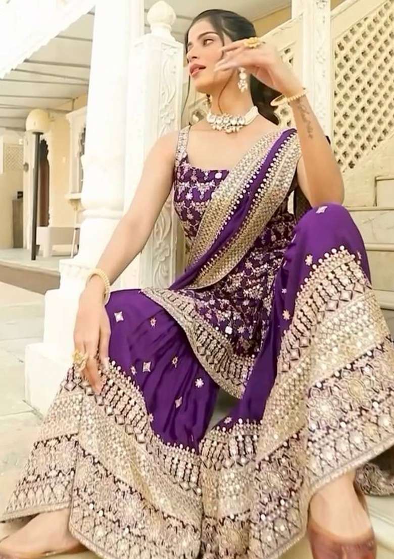 Purple Embroidered Fox Georgette Kurta Set - Indya