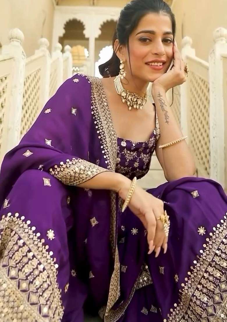 Purple Embroidered Fox Georgette Kurta Set - Indya