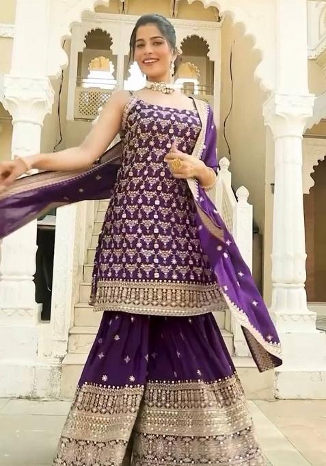 Purple Embroidered Fox Georgette Kurta Set