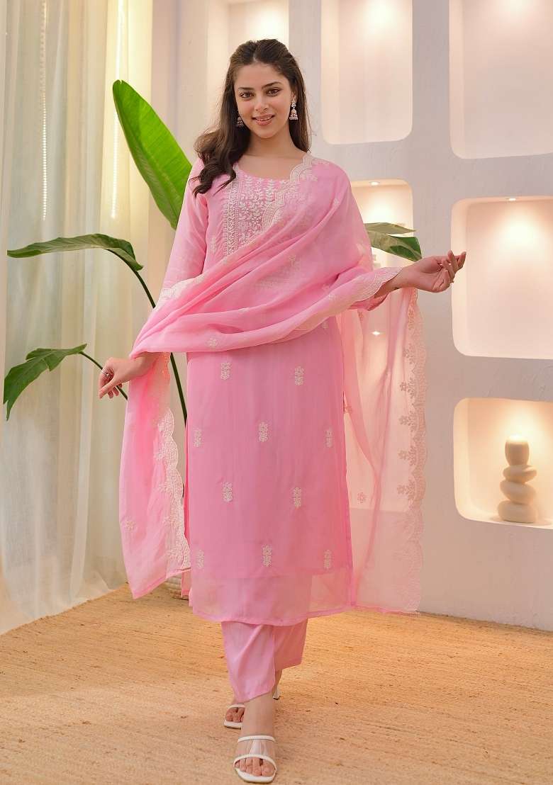 Pink Chikankari Chanderi Straight Kurta Set - Indya