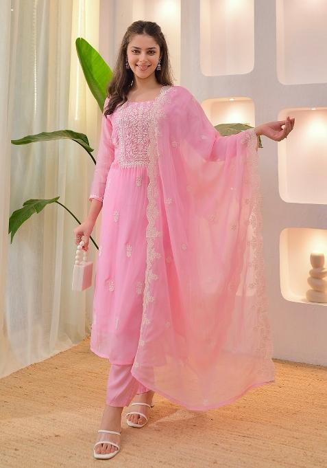 Pink Chikankari Chanderi Kurta Set