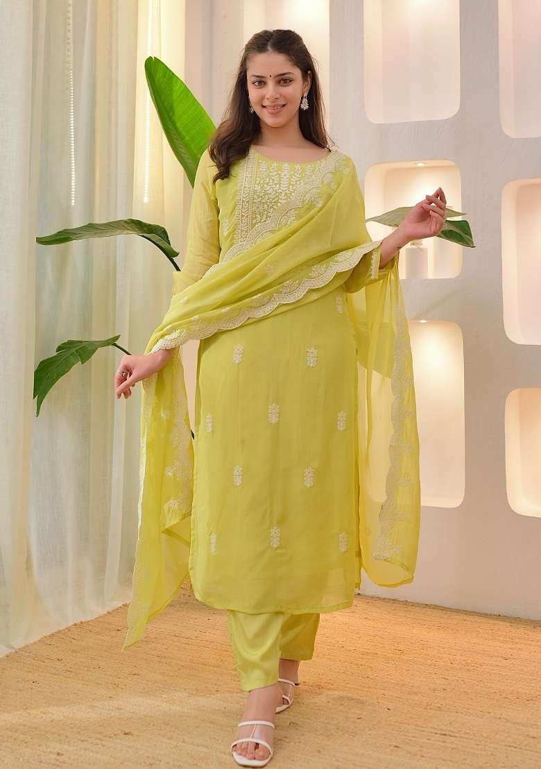 Lemon Chikankari Chanderi Straight Kurta Set - Indya