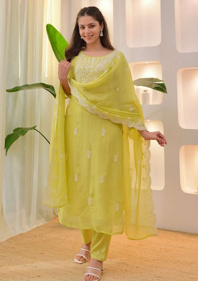 Lemon Chikankari Chanderi Straight Kurta Set - Indya