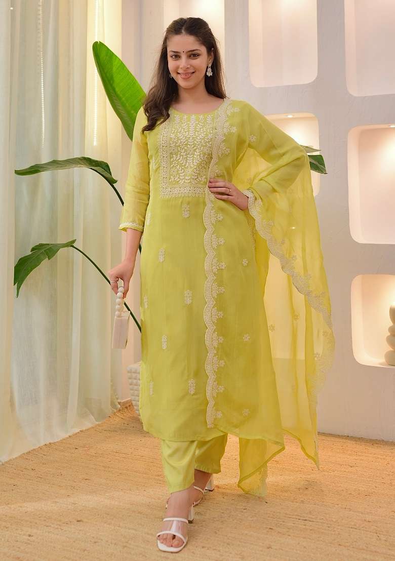 Lemon Chikankari Chanderi Straight Kurta Set - Indya