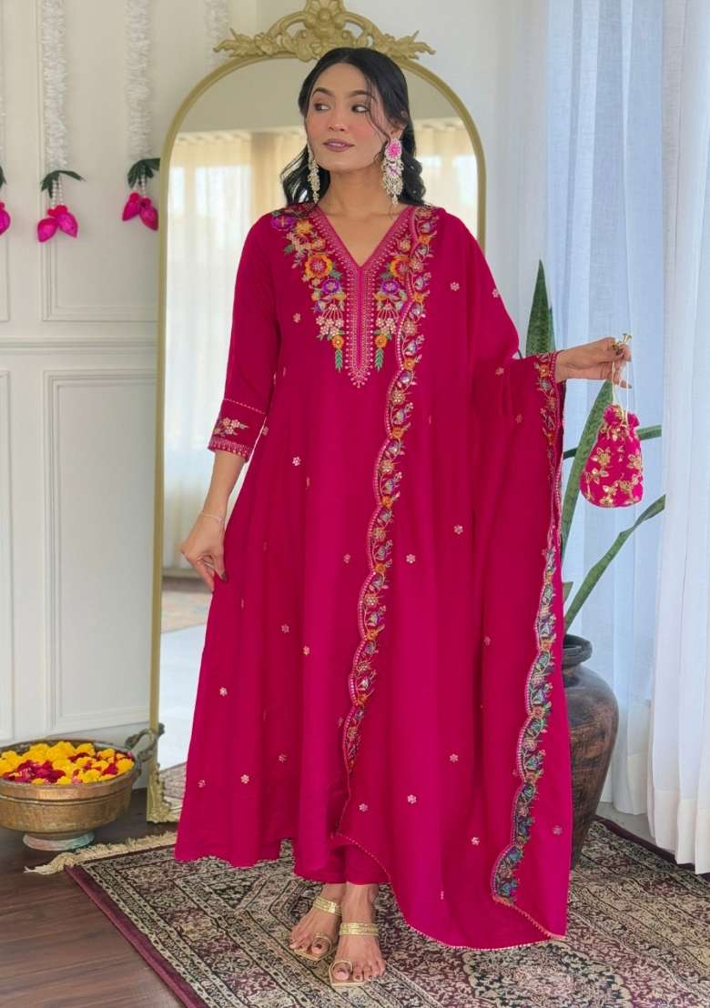 Rani Embroidered Silk Blend A Line Kurta Set - Indya