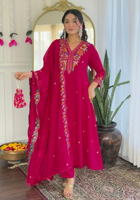 Rani Embroidered Vichitra Silk Kurta Set