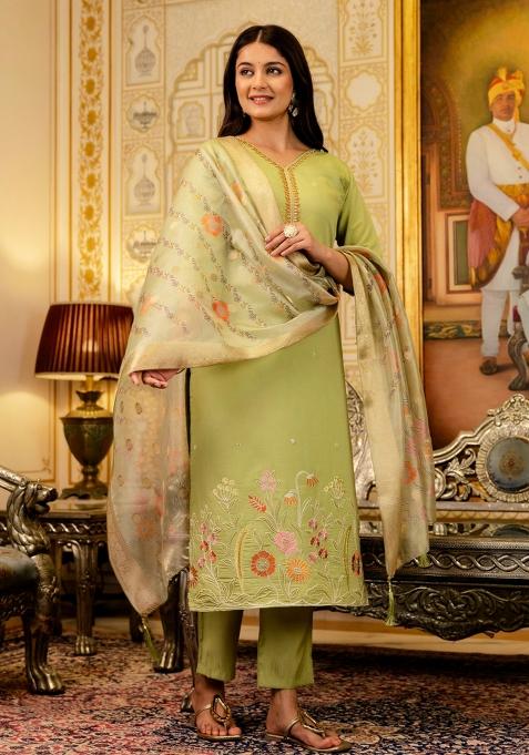 Lemon Embroidered Viscose Shimer Kurta Set