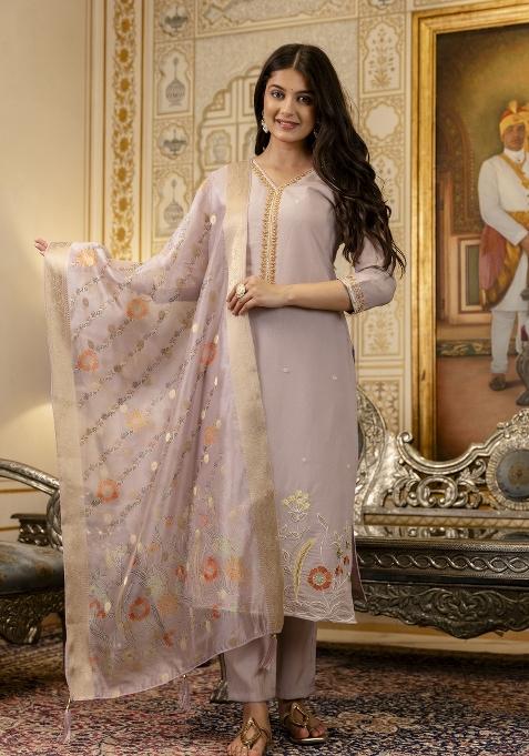Lavender Embroidered Viscose Shimer Kurta Set