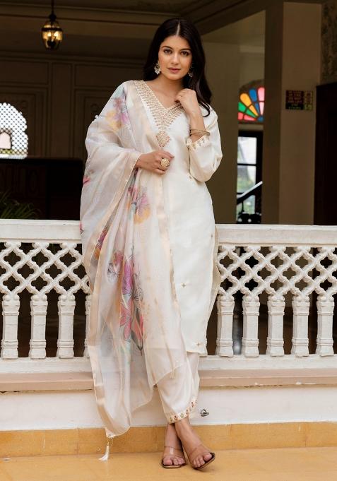 White Embroidered Viscose Chanderi Kurta Set