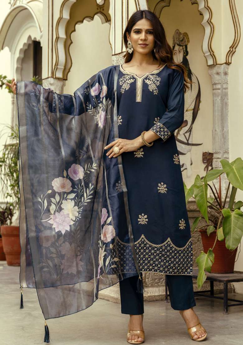 Navy Embroidered Chanderi Straight Kurta Set - Indya