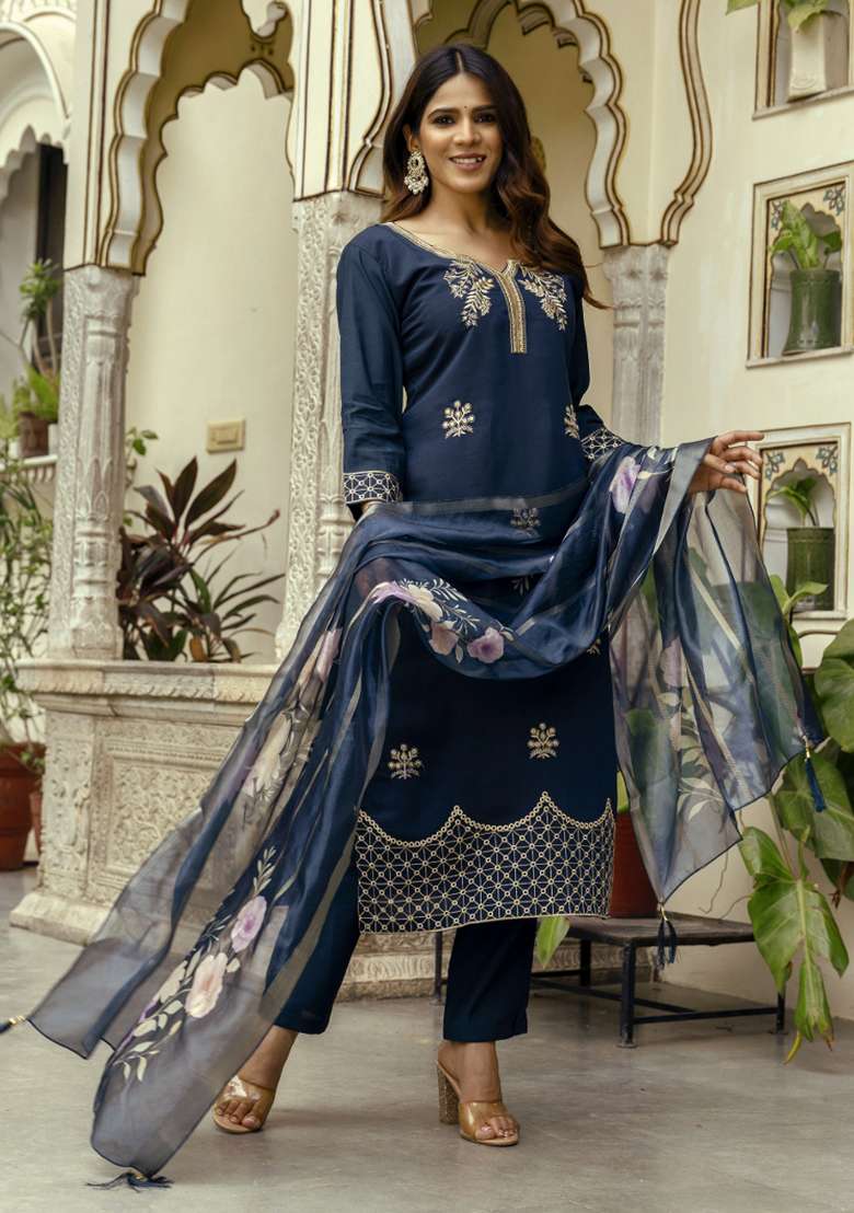 Navy Embroidered Chanderi Straight Kurta Set - Indya