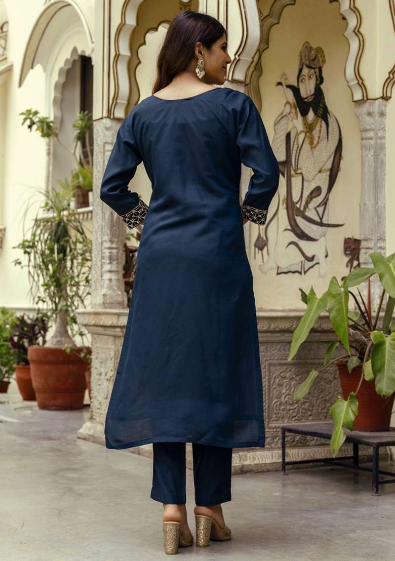 Navy Embroidered Chanderi Straight Kurta Set - Indya