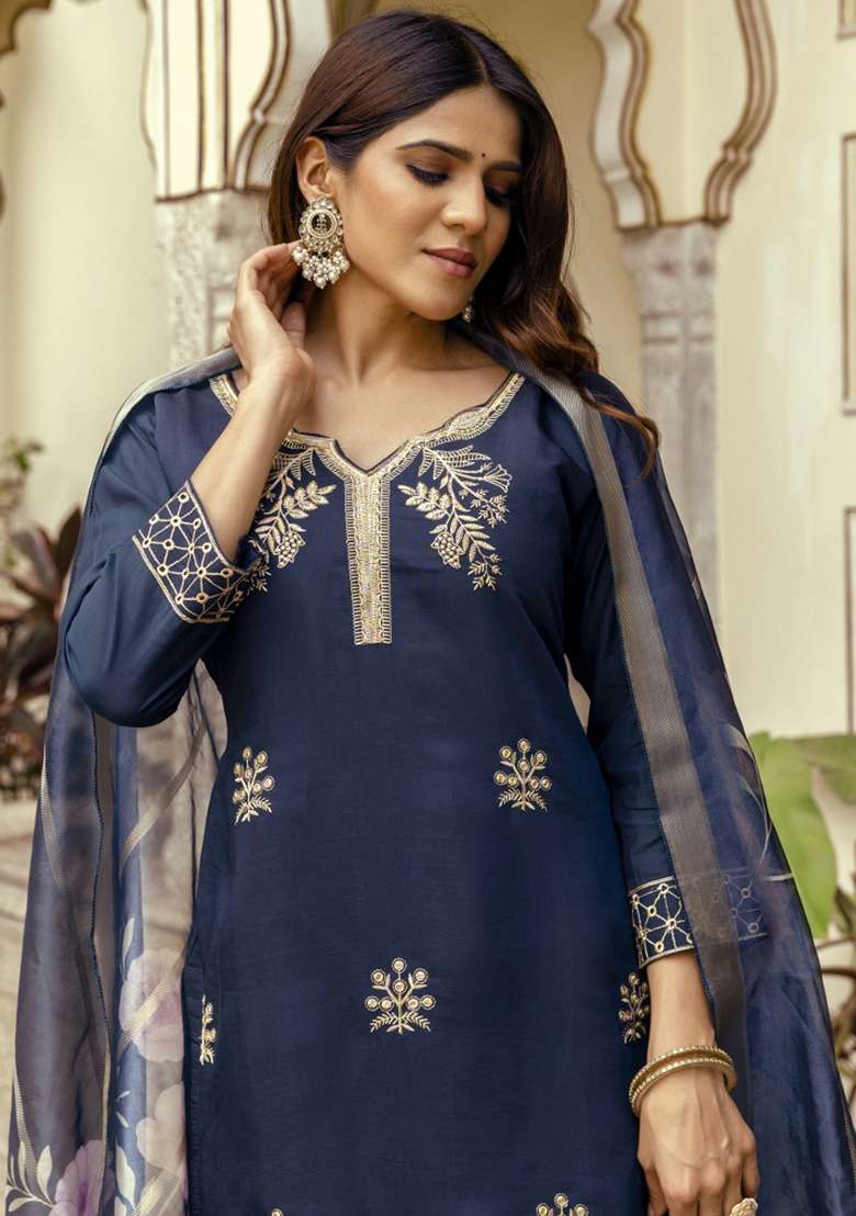 Navy Embroidered Chanderi Straight Kurta Set - Indya