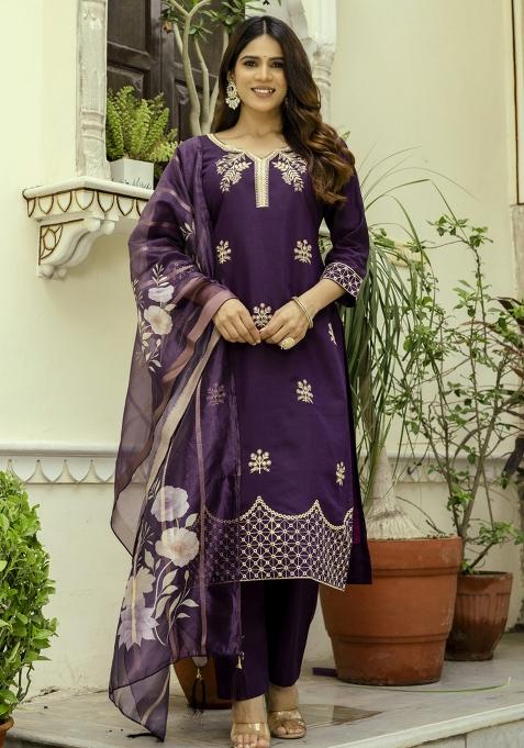 Wine Thread Viscose Chanderi Kurta Set