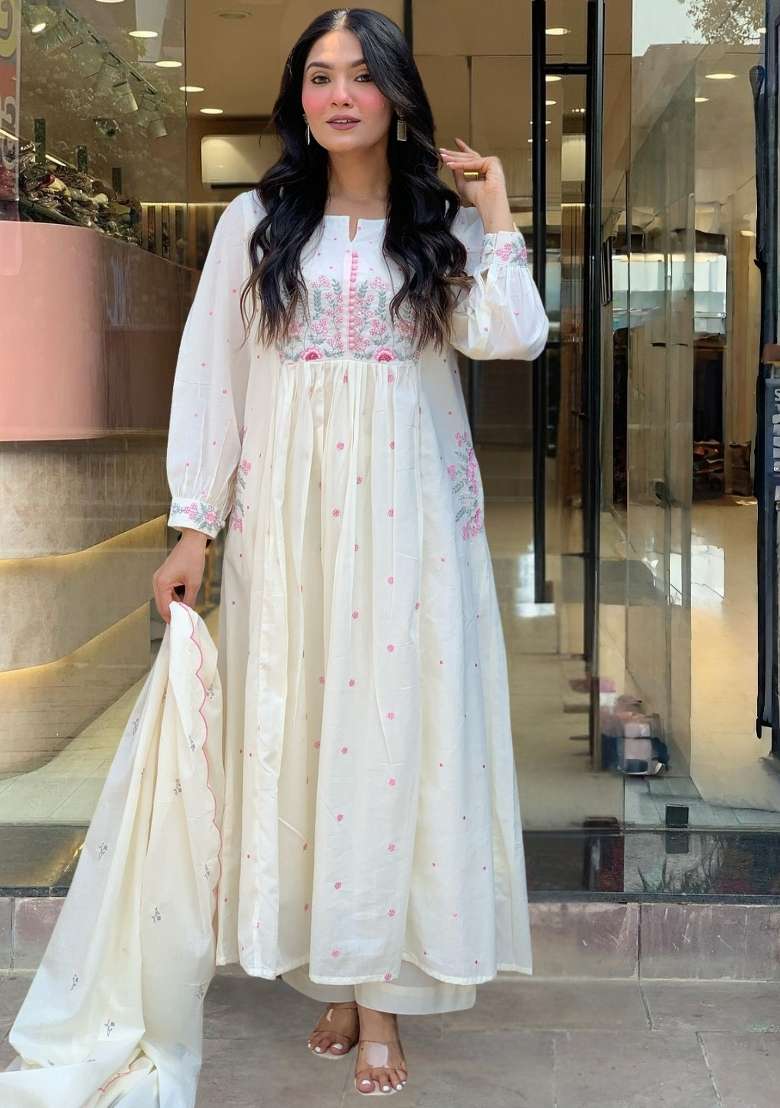 White Embroidered Cotton Anarkali Set - Indya