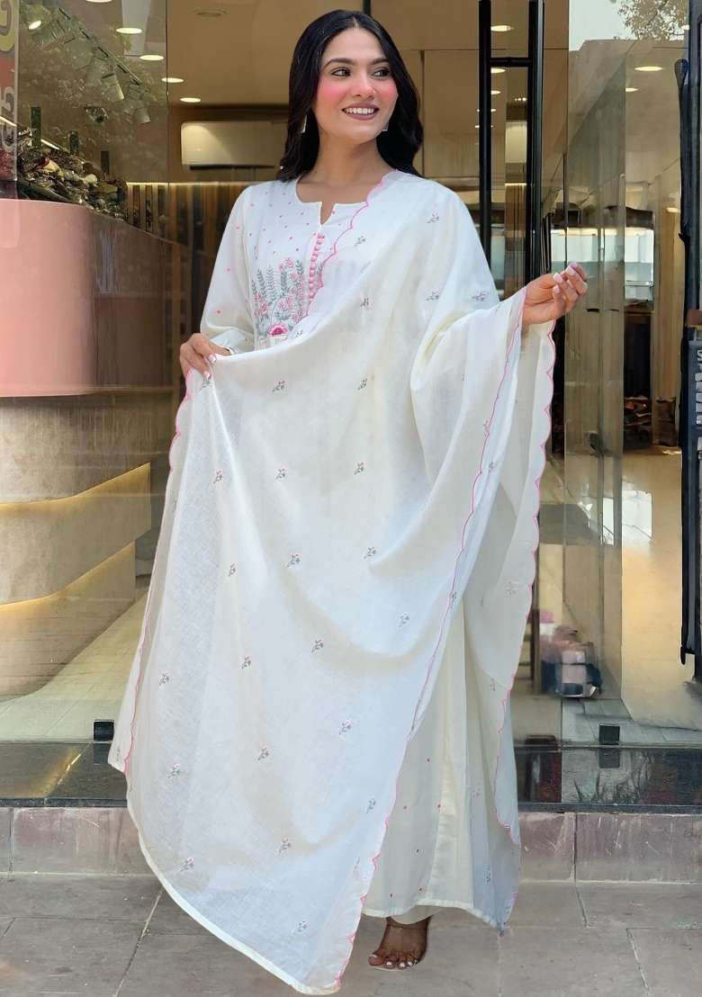 White Embroidered Cotton Anarkali Set - Indya